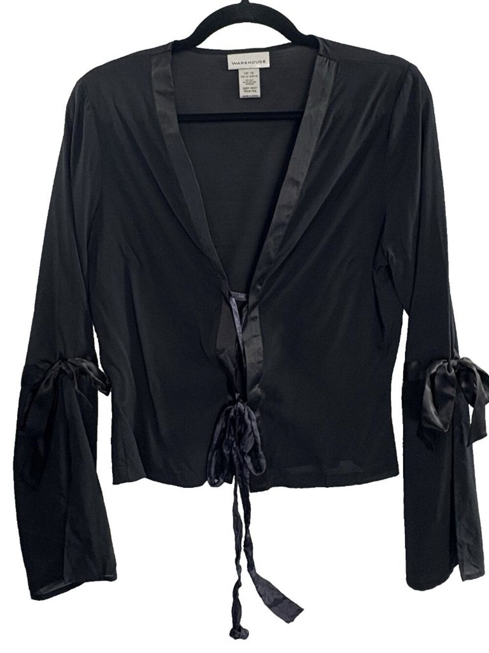 WAREHOUSE Women Silk Satin Tie‎ Front Crop Bell Sleeve Blouse Sz 12 Black 39-3